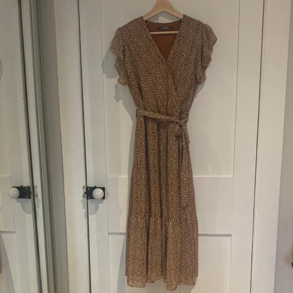 yacun Dresses & Skirts - Flutter-Sleeve Brown Maxi Wrap Dress with Self-Tie Belt
